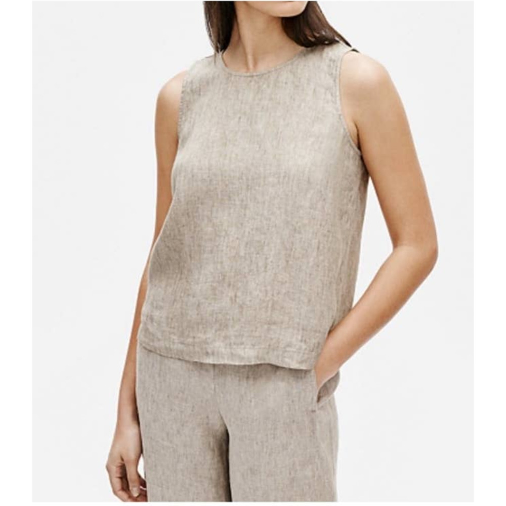 Eileen Fisher WHITE Linen Italian Fabric Sleeveless Crewneck Timeless Tank Top